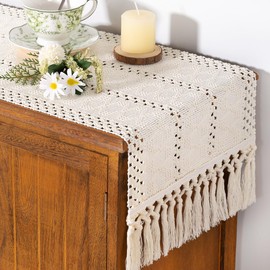 Socomi Boho Table Runner Macrame Small Spring Easter Farmhouse Woven Cotton Linen Rustic Coffee Table Runner with Tassels for Dresser Scarf Home Decor Dining Room 12x48 inch Cream Ivory
