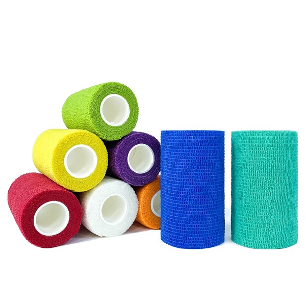 [8 Pack-4"x5Yards] Carbou Self Adhesive Bandages Wrap, Athletic Elastic Cohesive Bandage for Vet Wrap, Sports Injury, Strain, Knee&Wrist, Ankle Sprains. First Aid Non-Woven Bandages