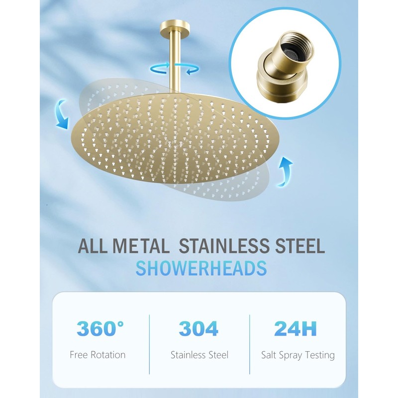 KINLIV 16 inch Brushed Gold Large Ceiling Rainfall Shower Head,