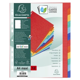 Exacompta 2606E Plastic Index for DIN A4 Made of Colorspan Cardboard 12 Pieces Full Height 24 x 29.7 cm with 12 Different Coloured Tabs and Sheets Universal Perforation Dividers Dividers Strips