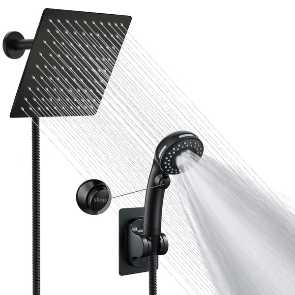 Shower Head with handheld, High Pressure 8'' Rainfall Stainless Steel with ON/OFF Pause Switch Combo with hose,Adhesive Shower Head Holder (Square Matte Black) …
