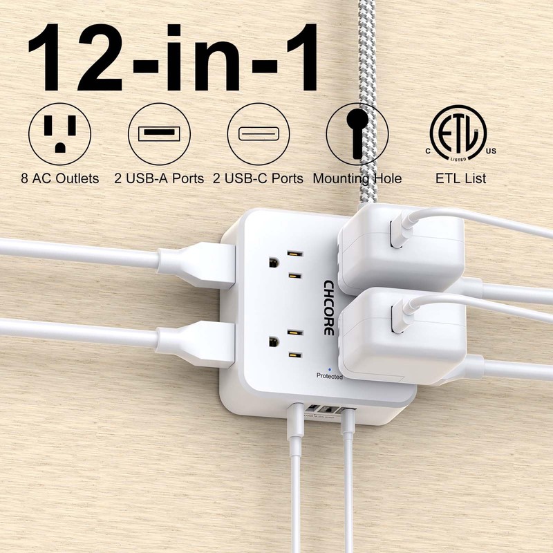 Surge Protector Power Strip - CHCORE 15Ft Braided Extension Cord