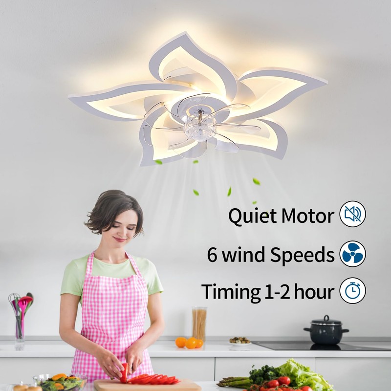 Ruibutrade White Flower Modern CeilingFans with Lights, Low Profile Ceiling