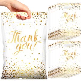 Pajean 100 Pcs Thank You Gift Bags Bulk Gold Dots Plastic Bags with Handles Black Goodie Treat Shopping Wrap for Birthday Party Favors Small Business Merchandise Graduation,6.7" x 9.8" (White Gold)