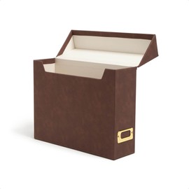 Smead Flip Top File Box, 10" x 3.7" x 13", Brown Vegan Leather, Gold Metal Nameplate (70234)