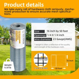 AggFencer 16inch x 50ft Hardware Cloth 1/4 inch Chicken Wire Fencing 23Ga, Hot Dipped Galvanized After Welding Garden Plant Supports Welded Metal Chicken Wire Fence, Poultry Animal Netting Cage Screen