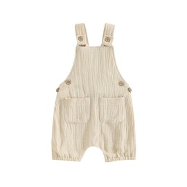 Infant Baby Girl Boy Romper Shorts Linen Sleeveless Jumpsuit Bib Overalls One Piece Outfit Spring Summer Clothes (Beige, 12-18 Months)