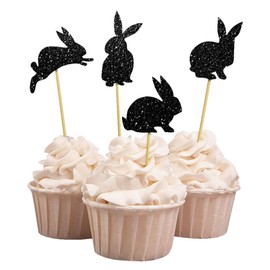 Darling Souvenir, Glitter Black Easter Bunny Rabbit Cupcake Toppers Dessert Decoration Cupcake Toppers - Pack Of 20
