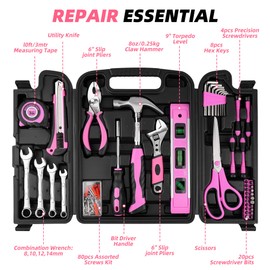 URASISTO 125 PCS Tool Set General Household Toolkit, Pink Ladies Basic House DIY Tool Kit Set for Home Garage Office College Dormitory Use, Hand Tool Kits for Women