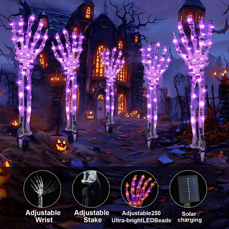 Solar Halloween Decorations,5 Pack Skeleton Hands Halloween Pathway Lights -