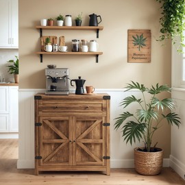 YESHOMY Coffee Bar and Accent Cabinet, Farmhouse Barn Door Buffet Sideboard with Drawer and Adjustable Shelf, Wide Desktop for Kitchen, Dining Room, Bathroom, Entryway, Brown＆Rustic