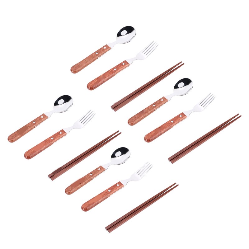 12 Pcs Stainless Steel Wooden Handle Tableware Set Outdoor 4