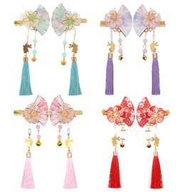 Petunny 8Pcs Chinese Fan Hair Clip Chinese Hair Clip Tassel Flower with Small Bell Chinese Traditional Hair Accessories(Random Color)