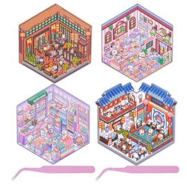 NAESM DIY 3D House Stickers, 4 Set Fun DIY Stickers Scene Tea Restaurant, Convenience Store, Kongshan Yiju, Large Stage, Cute 3D Cartoon Scene Stickers for Adult Kids Relief Stress Pass
