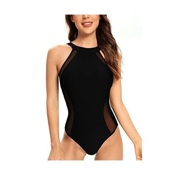 SHEKINI Womens Athletic One Piece Swimsuit High Neck Mesh Swimwear Racerback Cutout Bathing Suit Black