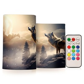 YETTASBIN Wolf Flameless Candles with Remote Control and Timer, Adjustable Brightness Long Lasting Battery Operated LED Pillar Candles for Indoor Outdoor Party Home Decor, 2 Pack