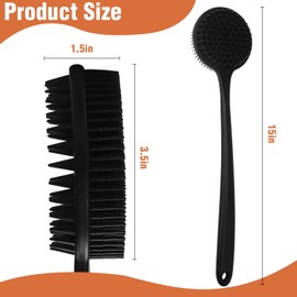 Dual-Sided Silicone Shower Brush - Long Handle Back Scrubber for Exfoliation & Massage, Creates Rich Lather, Includes 1 Hook & 2 Lather Balls (Black).