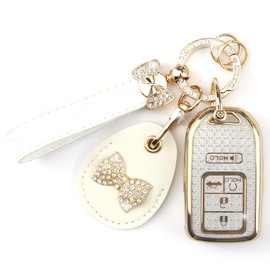 Rayslesan Key Fob Cover with Leather Holder Compatible with Airtag/RFID,Compatible with Honda Accord Civic Pilot,Passport JED Crider Odyssey,RFID Protector,Car Key Accessories(5-Button, Gold White)