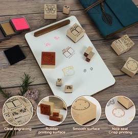 Koqye 17 Pcs Wooden Rubber Stamps Set, Cute Wooden Stamps with Ink Pad for Crafting, Decorative Rubber Stamps Kit with Storage Box for DIY Crafting, Scrapbooking Supplies(Emotions & Daily)