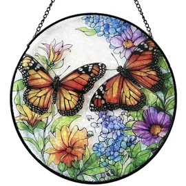 Butterfly Stained Glass Window Hanging, 7.87inch/20cm Flower Sun Catcher Indoor Window Decor Gifts for Women, Party Wedding Housewarming Easter Basket Stuffers Ornaments Gift