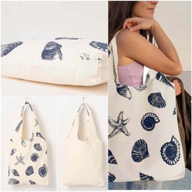 Beach Inspired Canvas Tote Bag For Women, Nautical Seashell And Starfish Print, Casual Shoulder Bag Aesthetic, Cute Small Book Tote, Portable Washable For Women Grocery Shopping Gift For Birthday Day
