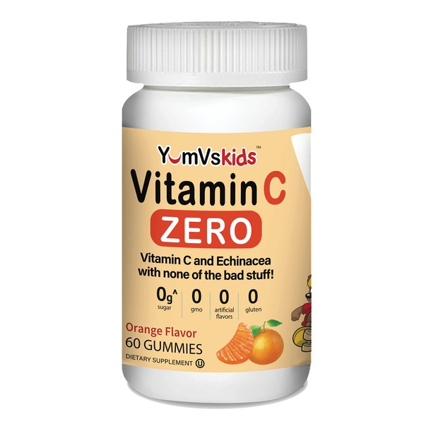 YUM-V'S Vitamin C and Echinacea Zero Gummies for Kids by YumVs | Sugar Free Supplement for Children | Vitamin C + Echinacea | Natural Orange Flavor Chewables - 60 Count