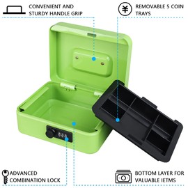 KYODOLED Cash Box with Combination Lock,Safe Metal Box for Money,Storage Lock Box with Money Tray,7.87"x 6.30"x 3.54" Limegreen Medium