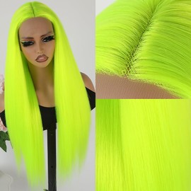 Maycaur Green Lace Front Wigs Long Straight Hair 24 Inch Lime Green Color Wigs for Fashion Women Glueless Synthetic Lace Front Wigs with Natural Hairline