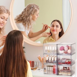 JEECOLI Juego de 5 Organizadores de Maquillaje Apilables Cajones transparentes de plástico; organizador multiusos para tocador, baño, cocina y despensa; ideal para gabinetes.