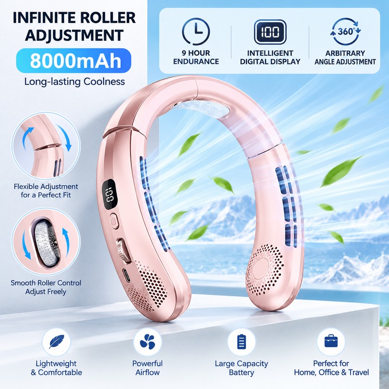 Wearable Neck Fan for Hands-Free Cooling – 8000mAh Rechargeable Design