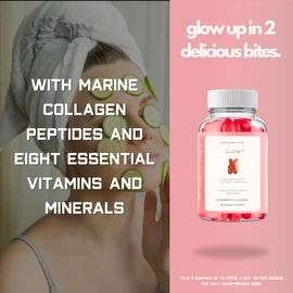 Glow+ Collagen Gummies - 1000mg Hydrolyzed Marine Collagen with Biotin, Hydrolyzed Keratin, Hyaluronic Acid & Vitamins for Skin, Hair, Nails & Joints - 60 Strawberry - Flavored Gummies