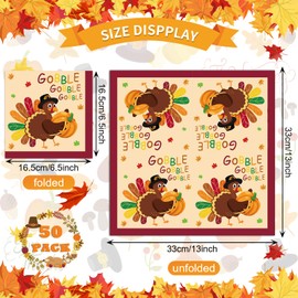 50 Pcs Thanksgiving Day Paper Napkins, Turkey Disposable 3-Ply Cocktail Napkins, Cute Gobble Luncheon Napkins for Fall Thanksgiving Party Decorations, Autumn Harvest Dinner Supplies