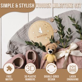 Baby Monthly Milestone Disc - Double-Sided 3D Birth Announcement Sign, 5.9" Wooden Disc with Numbers 1-12 for Monthly Milestones, Newborn Photo Props & Baby Shower Keepsake Gift (White)