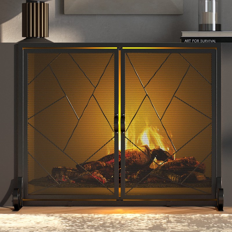 Fire Beauty Fireplace Screen with Hinged Doors Cast Iron Border