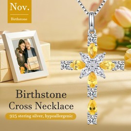 JiaYangJY Sterling Silver Cross Necklace for Women, November Citrine Cubic Zirconia Double Cross Pendant Faith Jesus Christians Jewelry