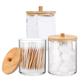 lankai Pack of 3 Cotton Buds Holder, Qtip Holder for Cotton Balls, Transparent Round Cotton Buds Case Made of Acrylic, for Make-Up, Home, Office, Bathroom Storage, with Bamboo Lids