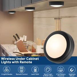 Yiliaw LED Puck Lights with Remote Control, AA Battery Operated, 12 Color Closet Under Cabinet Lighting, Push Tap Light, Under Counter for Kitchen, 12 Pack, Black-Magnetic