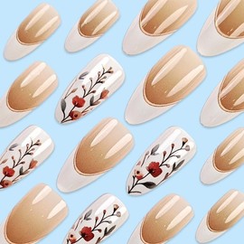 Uñas postizas FETHOXRI con punta francesa, forma ovalada corta, color rosa nude con puntas blancas, kit de manicura de 24 piezas de estilo clásico par