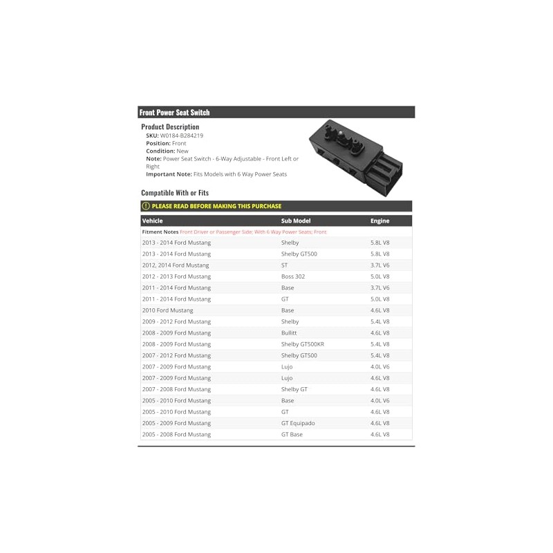 Front Power Seat Switch - 6-Way Adjustable - Compatible with