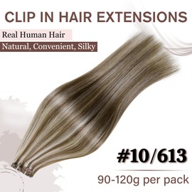 Hetto Blonde Real Hair Clip-In Extensions, Highlight Clip-In Blonde Extensions, Remy Clip-In Hair Extensions, Golden Brown Highlights, Bleached Blonde #10/613, 100 g, 45 cm