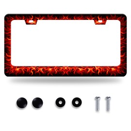 Red Flame License Plate Frame Abstract Fire License Plate Holder Stainless Steel Colorful Car Accessories Decoration for Men Women 12.3" x 6.3"