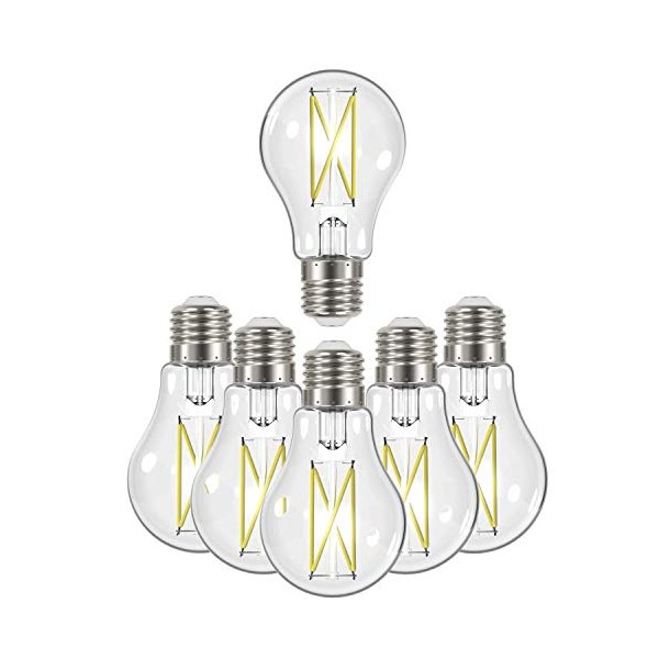 Satco (6 Pack) Dimmable Led Filament Lamps, S12415, High Lumens, 8 Watt, A19; Clear; Medium Base; 3000K; 90 CRI; 120 Volt for use at Residential, Hospitality, Display and Commercial