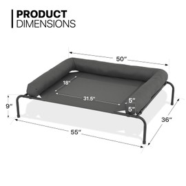MoNiBloom Outdoor Elevated Dog Bed w/Removable Bolster, Portable Raised Outdoor Dog Bed with Stable Anti-Slip Feet & Breathable Mesh, 55 Inches Length, Dark Gray