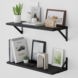 Fun Memories Deep Floating Shelves for Wall, 24W x 8D Wall Mounted Shelves Set of 2, Wide Display Ledges Shelves with Sturdy Metal Brackets for Living Room, Bathroom, Bedroom and Kitchen, Black