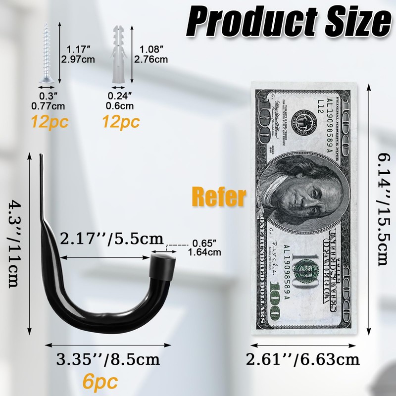 KURUI Metal Wall Hooks for Hanging Heavy Duty, 6Pcs Garage