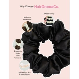 Hair Drama Silk scrunchies for Women -Silk Ponytail Holders. Black and white Scrunchies, Pack of 6, 3 sizes small, medium, and large scrunchies for Silky, Thick, Curly Hair. No-Crease