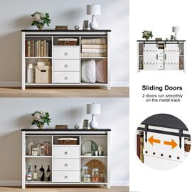 REAHOME Buffet Cabinet with Storage, 48" Sideboard Buffet Cabinet with Sliding Barn Doors & 3 Drawers, Farmhouse Wood Coffee Bar Cabinet Buffet Table for Kitchen, Dining Room,Living Room, White