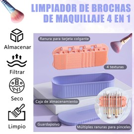 ETRTNVB Limpiador de brochas de maquillaje 4 en 1，Almohadilla de limpieza de silicona para brochas de maquillaje， Con líquido limpiador y dos ganchos para limpieza, almacenamiento, filtrado y secado (Púrpura)