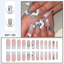 Rilafuvu Glue on 3D Flower Blue French Coffin Nails - Press On Acrylic Artificial Finish Rhinestone Bling False Nails
