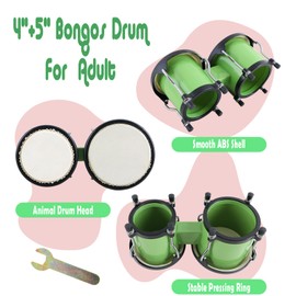 EastRock Green Bongo Drum 4” and 5” Set for Adults,Beginners,Percussion Bongos Drum With Tuning Wrench(Green)